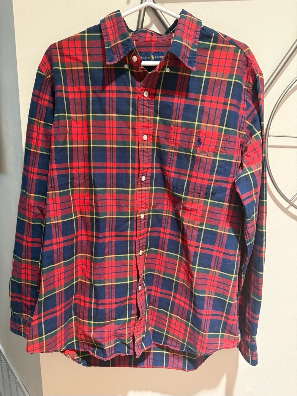 Ralph Lauren Men's XL Plaid Button Down Shirt Long Sleeve Red Blue Pocket Pony